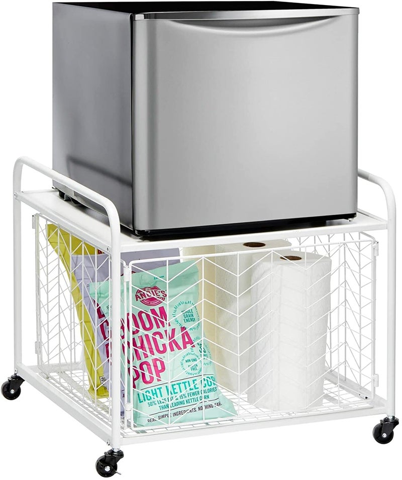 INDIAN DECOR INDIAN DECOR 36790 Steel 2Tier Storage Stand for Mini Fridge Rolling Cart with EasyGrip Handles Chevron Wire Sliding Drawer Basket Metal Frame Swivel Rotating Wheels White  - Image 1