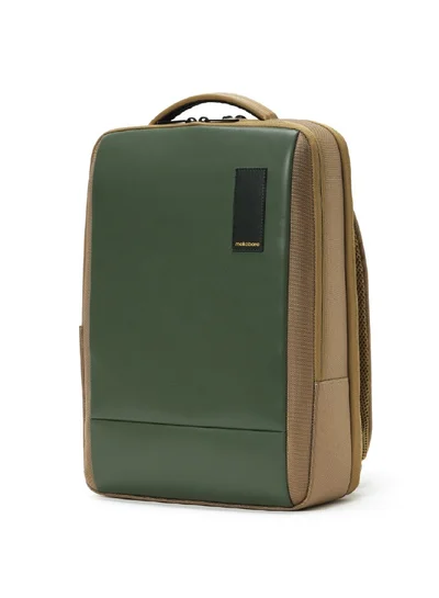 Mokobara The Element Backpack | Laptop Up to 15.6 Inches, 18L Capacity | Durable Nylon and Vegan Leather, Water Resistant | Ideal for Travel, Office, Students | Ergonomic, Padded Straps | Green and Brown