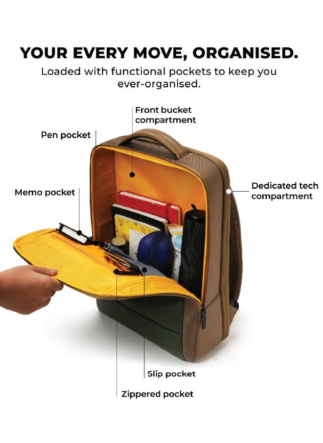 Mokobara MOKOBARA The Element Backpack | Laptop Up to 15.6 Inches, 18L Capacity | Durable Nylon and Vegan Leather, Water Resistant | Ideal for Travel, Office, Students | Ergonomic, Padded Straps | Green and Brown  - Image 2
