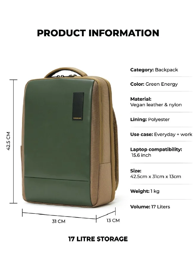 موكوبارا للتجارة ذ.م.م The Element Backpack | Laptop Up to 15.6 Inches, 18L Capacity | Durable Nylon and Vegan Leather, Water Resistant | Ideal for Travel, Office, Students | Ergonomic, Padded Straps | Green and Brown