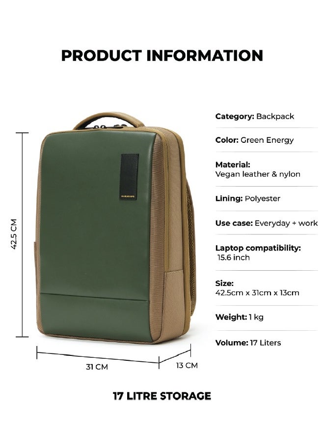 Mokobara MOKOBARA The Element Backpack | Laptop Up to 15.6 Inches, 18L Capacity | Durable Nylon and Vegan Leather, Water Resistant | Ideal for Travel, Office, Students | Ergonomic, Padded Straps | Green and Brown  - Image 3