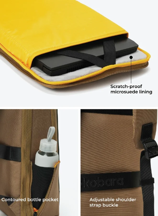 موكوبارا للتجارة ذ.م.م The Element Backpack | Laptop Up to 15.6 Inches, 18L Capacity | Durable Nylon and Vegan Leather, Water Resistant | Ideal for Travel, Office, Students | Ergonomic, Padded Straps | Green and Brown