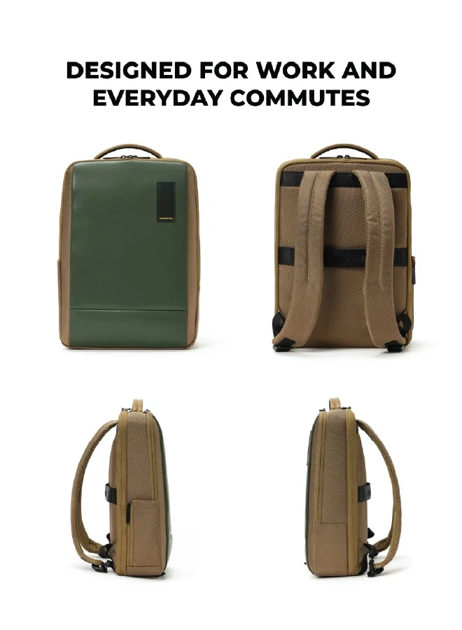 موكوبارا للتجارة ذ.م.م The Element Backpack | Laptop Up to 15.6 Inches, 18L Capacity | Durable Nylon and Vegan Leather, Water Resistant | Ideal for Travel, Office, Students | Ergonomic, Padded Straps | Green and Brown