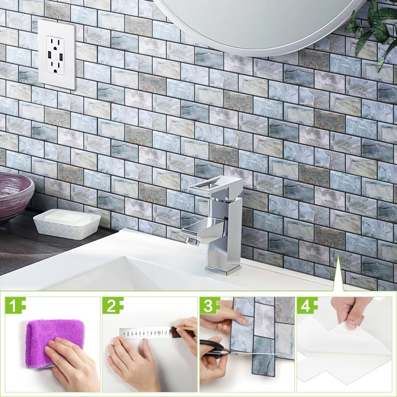 VANCORE Peel and Stick Backsplash for Kitchen: Self Adhesive Wall Tiles for Bathroom - 3D Subway Back Splash - 10 Sheets Vinyl Blue Waterproof Wallpaper with Real Marble Texture for Shower - Image 4
