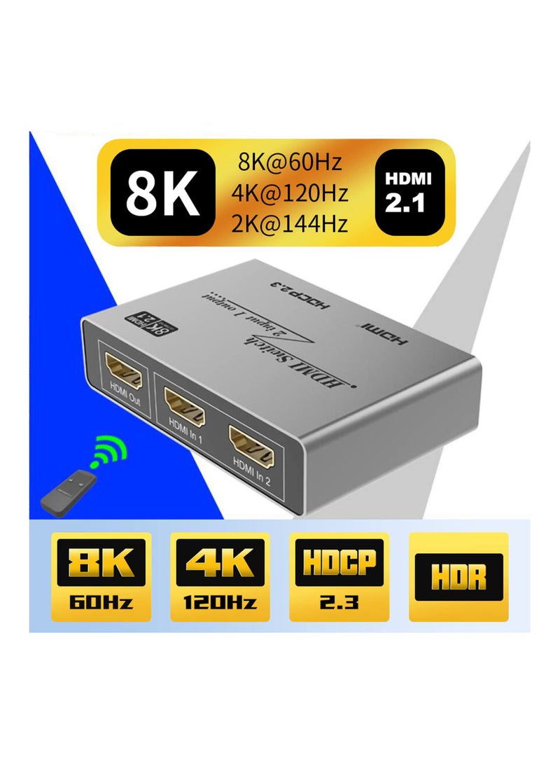 SOLARAE مفتاح ومقسم HDMI 2.1 بدقة 8K، 2x1 مع جهاز تحكم عن بُعد IR، يدعم 8K@60Hz و 4K@120Hz، HDCP 2.3، CEC لجهاز Xbox و PS5 وأجهزة Blu-ray والكمبيوترات المحمولة وأجهزة العرض والشاشات. - Image 2