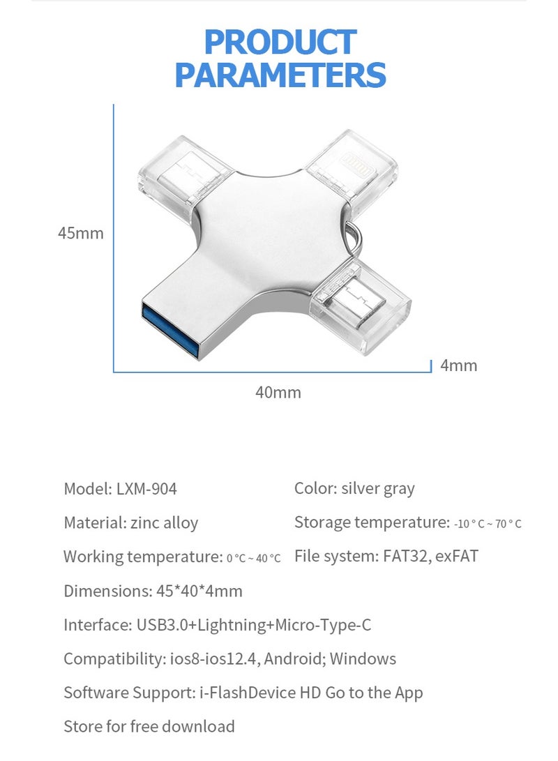 64GB USB flash drive, 64GB USB 3.0 high-speed 4-in-1 Type-C OTG USB portable hard drive, compatible with iPhone/PC/iPad/Android devices, for photo and video transfer, storage, and backup. Can also be used as a keychain - Silver 64GB - Image 3