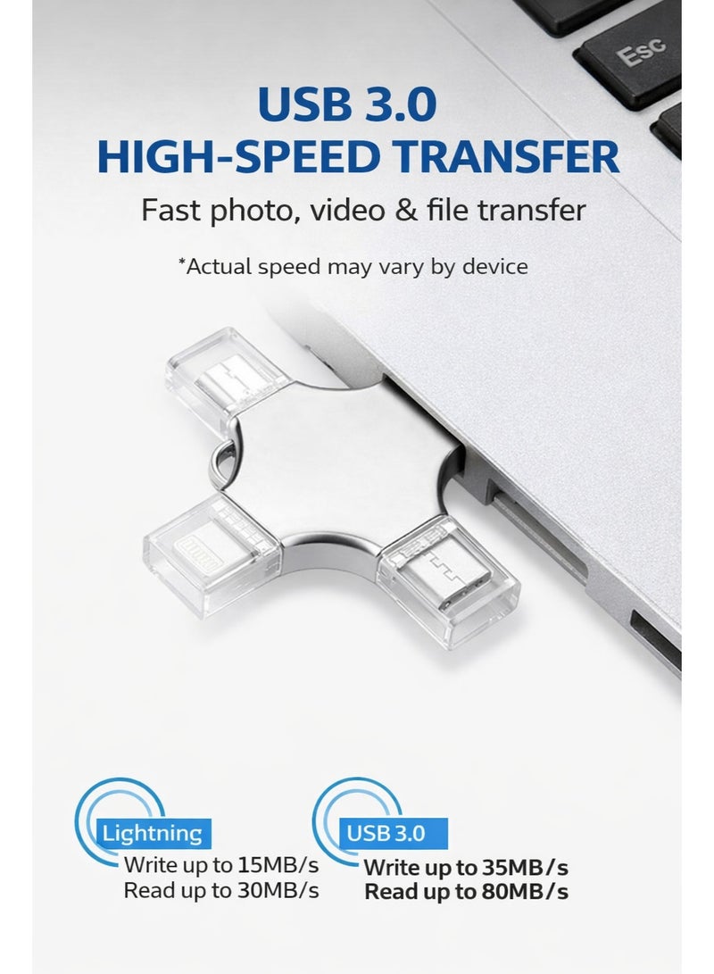 ذاكرة فلاش USB سعة 64 جيجابايت، 4 في 1، منفذ USB 3.0 مع Lightning و Type-C OTG لأجهزة iPhone و iPad و Android والكمبيوتر الشخصي - تخزين احتياطي للصور والفيديوهات - Image 2