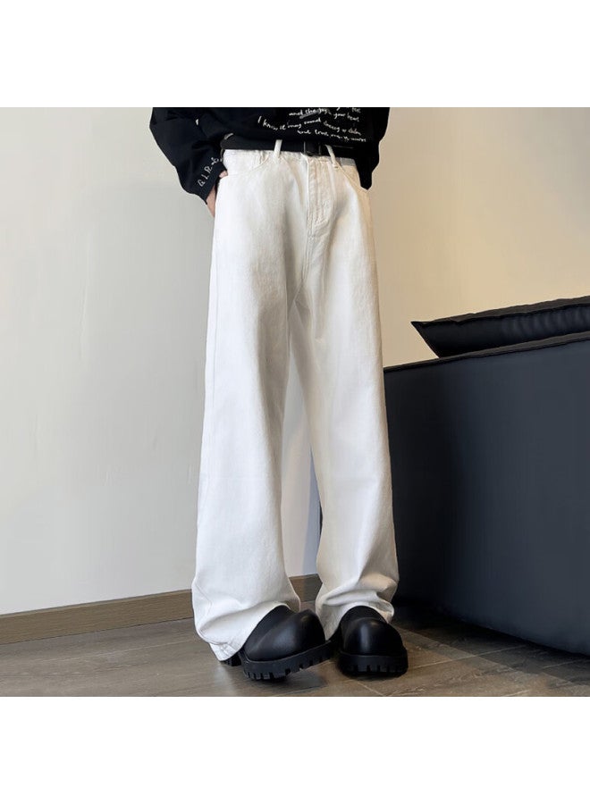Dingfengbaoluo American High Street Jeans For Men, Autumn Vintage Trendy Loose-fit Solid Color Wide-leg Casual Pants, Xpd03 White XL - Image 4
