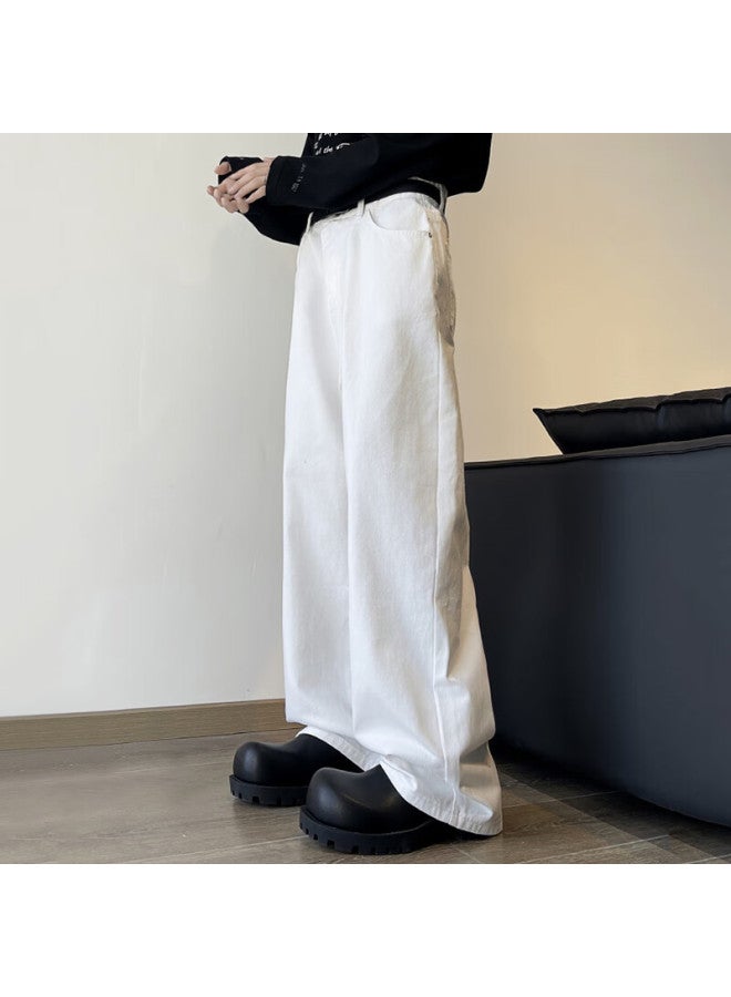 Dingfengbaoluo American High Street Jeans For Men, Autumn Vintage Trendy Loose-fit Solid Color Wide-leg Casual Pants, Xpd03 White XL - Image 3