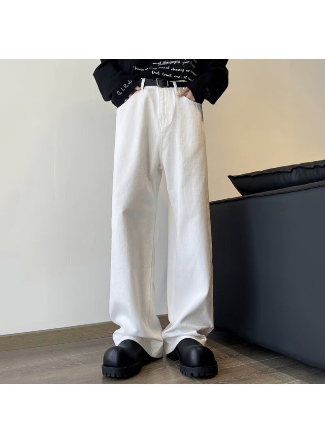 Dingfengbaoluo American High Street Jeans For Men, Autumn Vintage Trendy Loose-fit Solid Color Wide-leg Casual Pants, Xpd03 White XL - Image 1