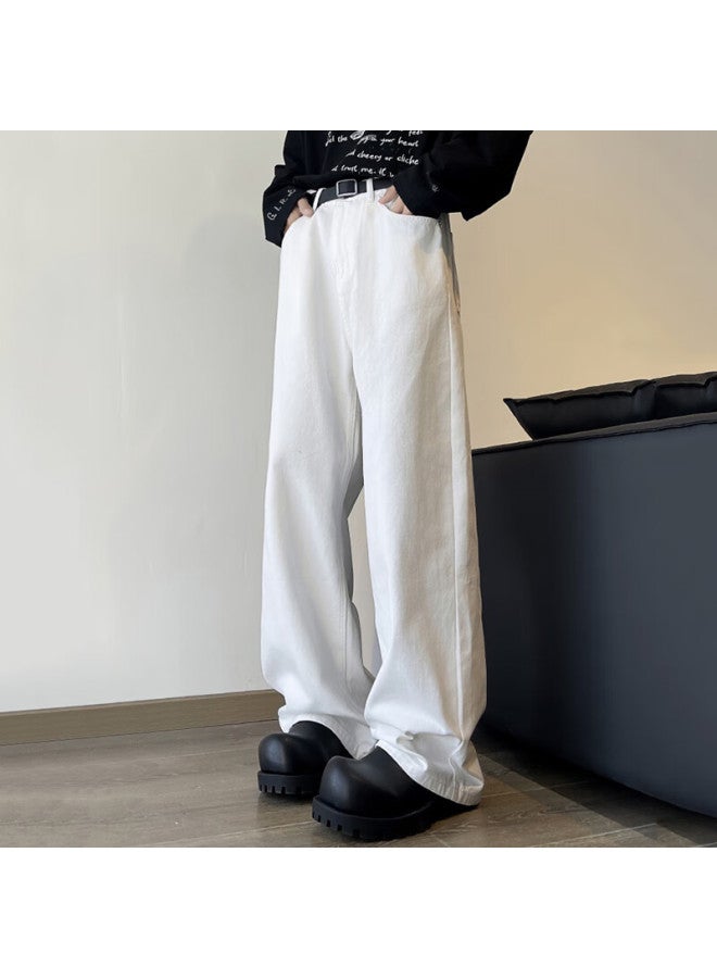 Dingfengbaoluo American High Street Jeans For Men, Autumn Vintage Trendy Loose-fit Solid Color Wide-leg Casual Pants, Xpd03 White XL - Image 2