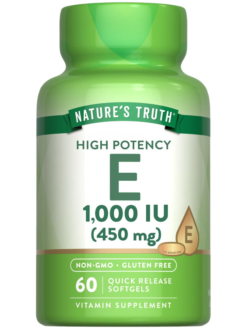 Natures Truth Vitamin E Softgels 1000 IU 60 Count NonGMO Gluten Free Supplement