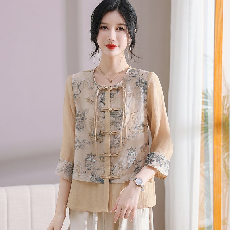 New Chinese Style National Style Embroidered Seven-point Sleeve Shirt Female Middle-aged Mother Summer Dress with Buckle Elegant Top Mid-sleeve Thin Shirt Blue 2