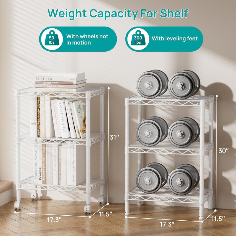SINGAYE 3 Small Shelves Storage Shelf Wire Shelving Unit Metal Shelf Adjustable Organizers Storage Shelving with Wheels for Bathroom Laundry Room Kitchen Pantry12”D x 18”W x 30”H White - Image 3