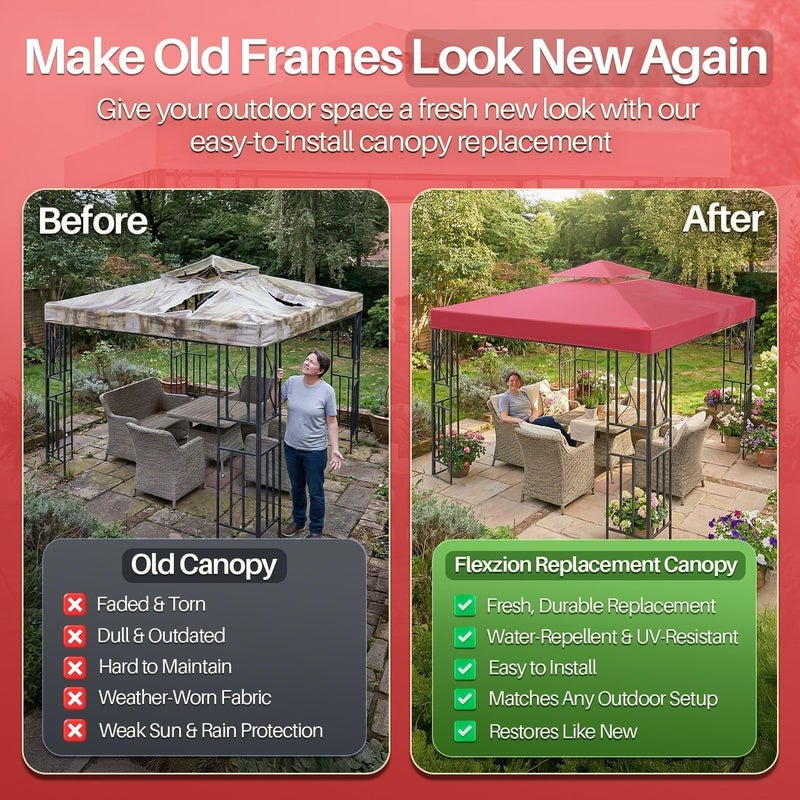 Flexzion 12x12 Gazebo Canopy Replacement Cover - 3.6m x 3.6m Outdoor Gazebo Canopy Cover - Double Tier UV30 Cover for Canopies, Garden, Patio, Yard Tent (Red) - Image 3
