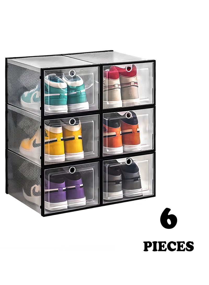 توشيونيكس طقم مكون من 6 صناديق تخزين أحذية شفافة بلاستيكية متعددة الاستخدامات والقابلة للتكديس مع باب شفاف منظم أحذية مقاوم للغبار للأحذية الرياضية والكعب العالي، مدخل المنزل تحت الخزانة درج بلاستيكي لغرف النوم خزانة رف عرض الأحذية للرجال والنساء. - Image 1