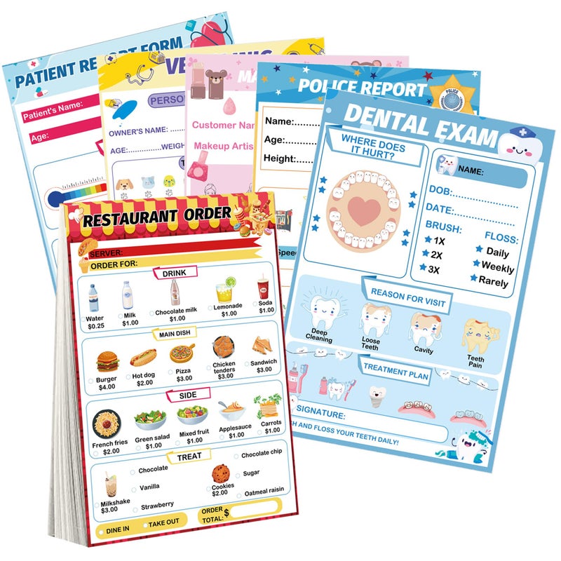 wootile Pretend Play Notepads 6 Pack Playtime Pads Pretend Play Notebooks Variety Role Play Doctorâ€™s Report Grocery List Restaurant Guest Checklist Notepads - Image 1