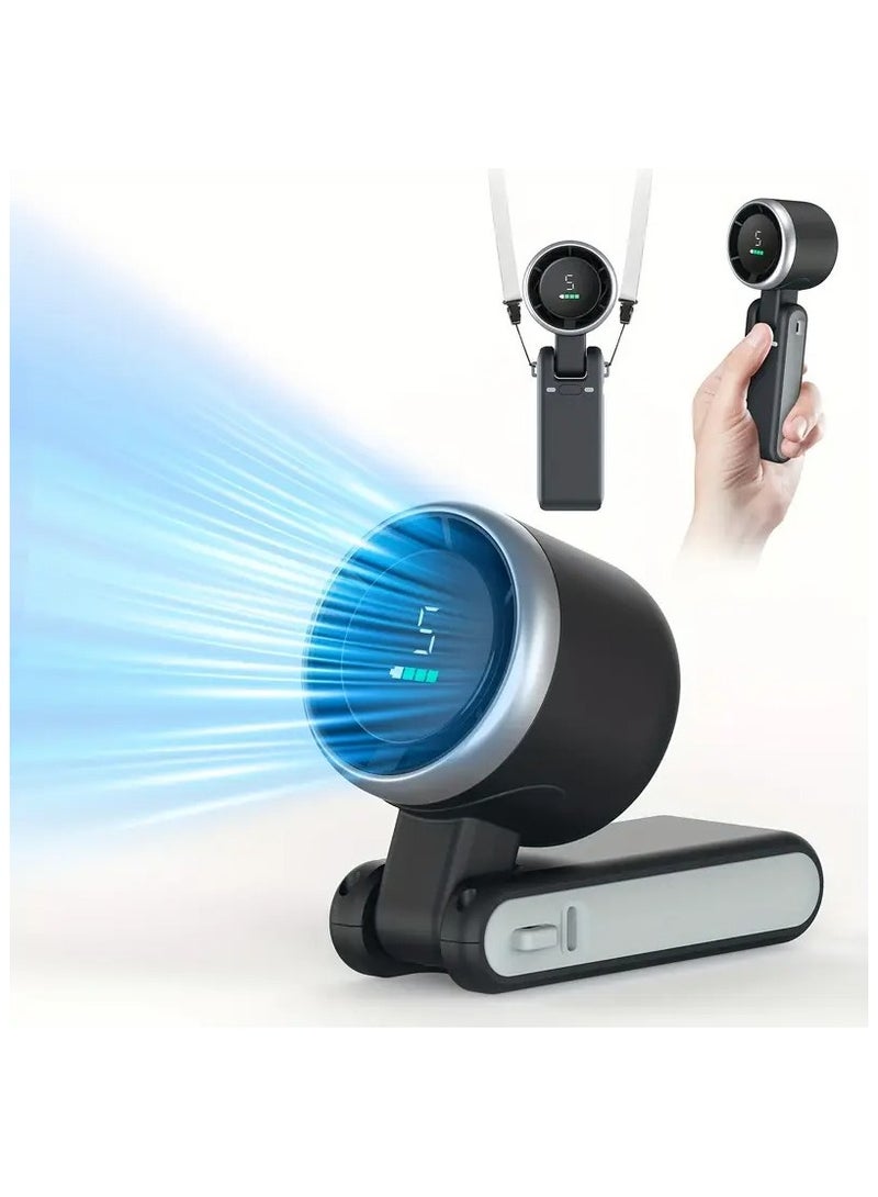 سمارت مروحة صغيرة محمولة باليد | مروحة يدوية، مكتبية، وقابلة للتعليق على الرقبة بـ 5 سرعات، تصميم قابل للطي، بطارية قابلة لإعادة الشحن USB بسعة 3600 مللي أمبير | مروحة قوية للرياح للاستخدام الخارجي والداخلي والمنزلي (رمادي داكن) - Image 1