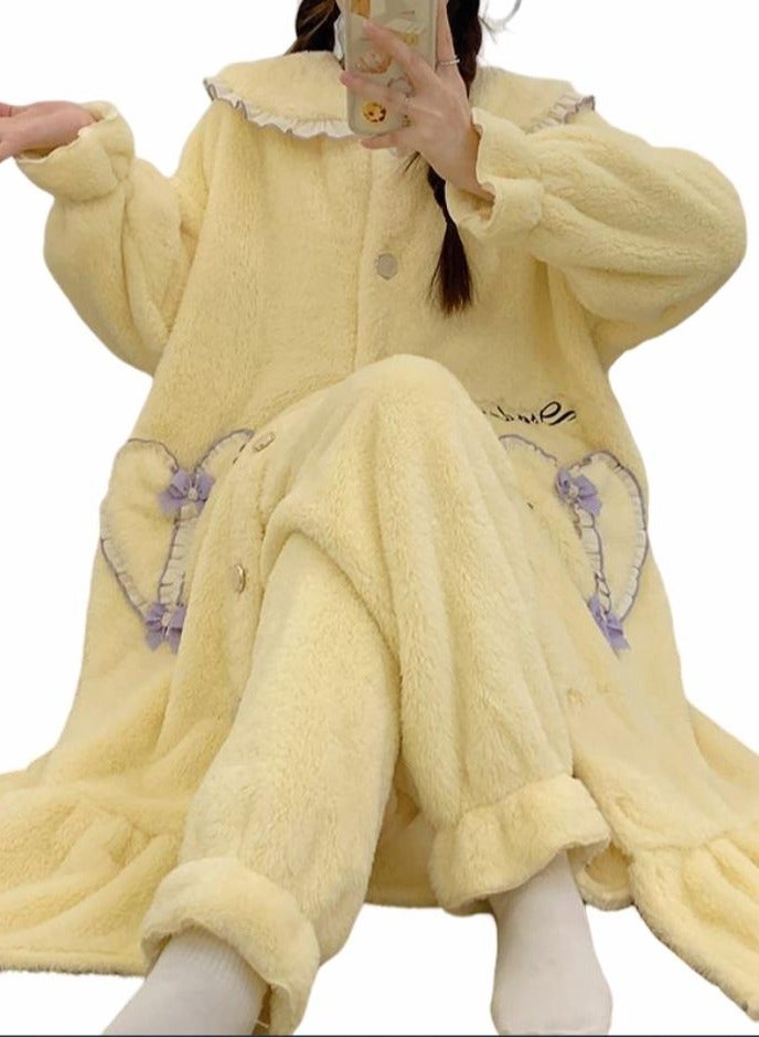 KUYING Velvet and Thickened Nightgown Cute Cartoon Home Fur Set