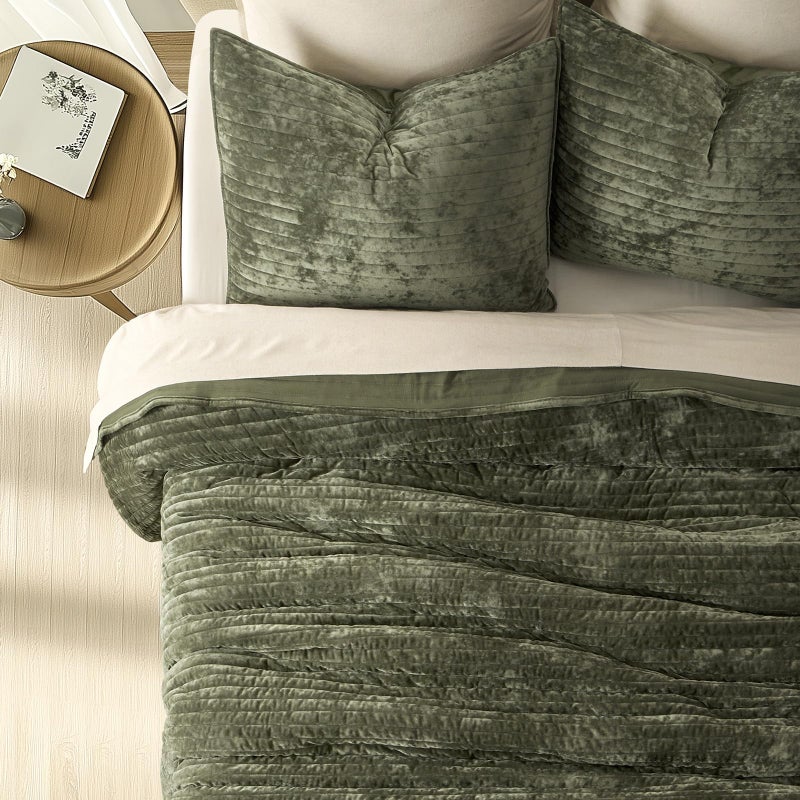 EVERGRACE Velvet Quilt Set Queen Size, Luxurious Soft Striped Channel Bedding Set, Lightweight Velvet Comforter for All Season, Quilted Bedspread Coverlet with 2 Matching Shams, Olive Green - Image 3