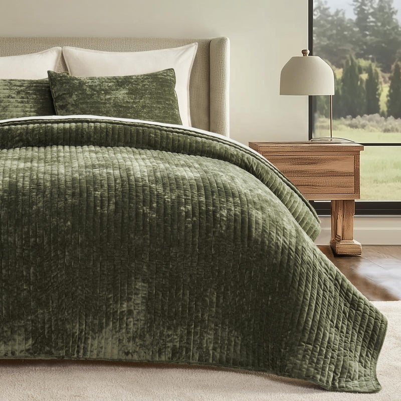EVERGRACE Velvet Quilt Set Queen Size, Luxurious Soft Striped Channel Bedding Set, Lightweight Velvet Comforter for All Season, Quilted Bedspread Coverlet with 2 Matching Shams, Olive Green - Image 2