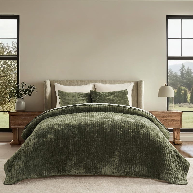 EVERGRACE Velvet Quilt Set Queen Size, Luxurious Soft Striped Channel Bedding Set, Lightweight Velvet Comforter for All Season, Quilted Bedspread Coverlet with 2 Matching Shams, Olive Green - Image 1