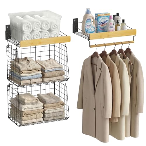 CACHOLIV Wall Mounted Laundry Room Shelves, Wire Baskets with 8 Hooks and Hanging Rod, Over The Washer and Dryer Shelf, Drying Rack, Laundry Room Organizer and Storage, 2 Pack Black - Image 1