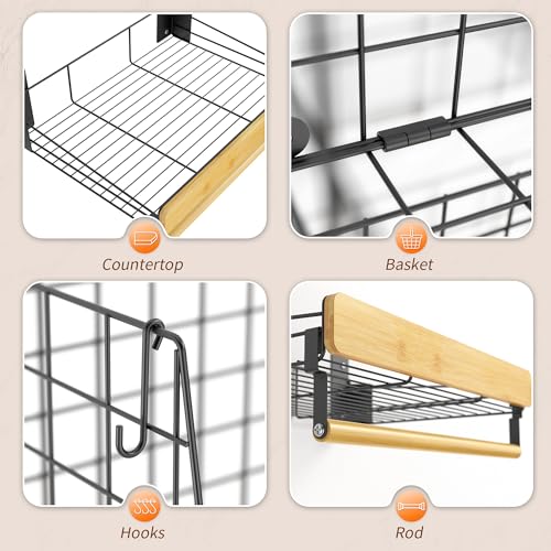 CACHOLIV Wall Mounted Laundry Room Shelves, Wire Baskets with 8 Hooks and Hanging Rod, Over The Washer and Dryer Shelf, Drying Rack, Laundry Room Organizer and Storage, 2 Pack Black - Image 4