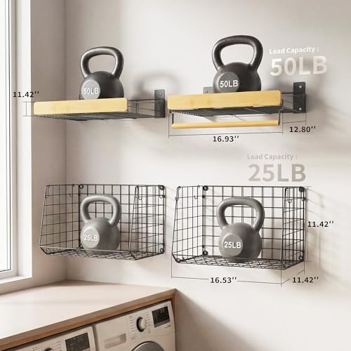 CACHOLIV Wall Mounted Laundry Room Shelves, Wire Baskets with 8 Hooks and Hanging Rod, Over The Washer and Dryer Shelf, Drying Rack, Laundry Room Organizer and Storage, 2 Pack Black - Image 2