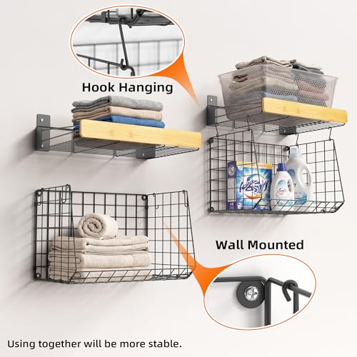 CACHOLIV Wall Mounted Laundry Room Shelves, Wire Baskets with 8 Hooks and Hanging Rod, Over The Washer and Dryer Shelf, Drying Rack, Laundry Room Organizer and Storage, 2 Pack Black - Image 5