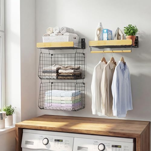CACHOLIV Wall Mounted Laundry Room Shelves, Wire Baskets with 8 Hooks and Hanging Rod, Over The Washer and Dryer Shelf, Drying Rack, Laundry Room Organizer and Storage, 2 Pack Black - Image 3