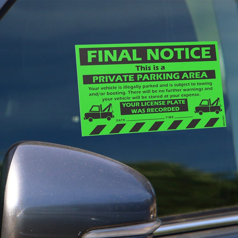 100 MESS Parking Violation Stickers Hard to Remove No Parking Stickers Bad Parking Stickers Super Sticky Warning Stickers for Towing Parked Cars 8x5 in Green Final Notice 100