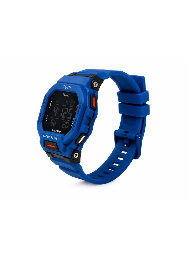 TOMI Blaze TM2020 Digital Sports Watch for Men – Electric Blue Tactical Design, 3ATM Water Resistant, LED Backlight, Multi-Function Silicone Strap Military Wristwatch - Image 3