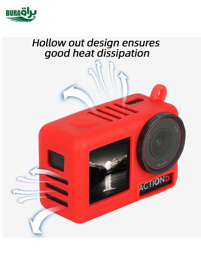 BURAQ For DJI Osmo Action 5 Pro Sunnylife Silicone Protective Case Scratch-proof Camera Cover with Lanyard (Red)  - Image 5