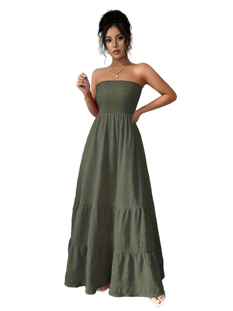 Women'S Solid Color Off-Shoulder Pleated Summer Casual Sleeveless Dress, Elegant And Comfortable Dress for Women - Image 1