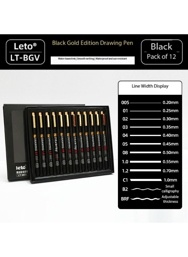 Leto Set of 12 Black Gold Drawing Pens - Image 2