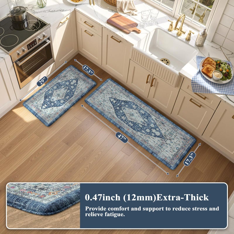 Collive Boho Kitchen Rugs Set of 2 Non Skid Kitchen Mats for Floor Cushioned Anti Fatigue Kitchen Floor Mats Waterproof Comfort Heavy Duty Foam Mats for Standing Desk Sink Laundry, 17.3"x29"+17.3"x47" - Image 2