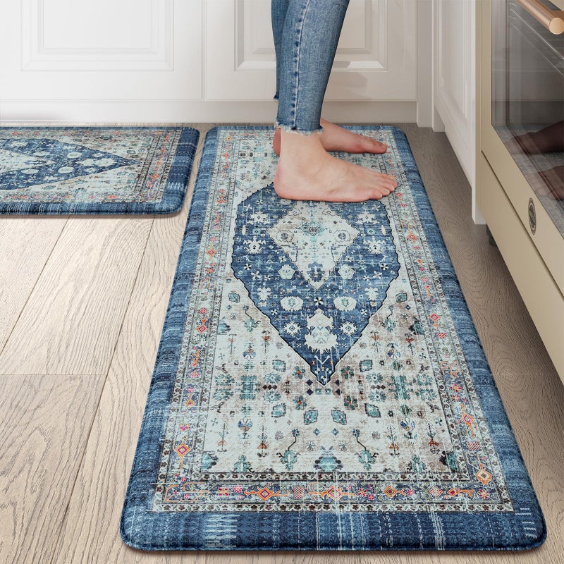 Collive Boho Kitchen Rugs Set of 2 Non Skid Kitchen Mats for Floor Cushioned Anti Fatigue Kitchen Floor Mats Waterproof Comfort Heavy Duty Foam Mats for Standing Desk Sink Laundry, 17.3"x29"+17.3"x47" - Image 1