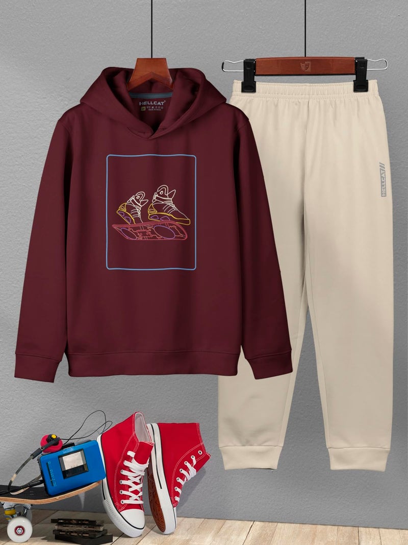 HELLCAT Printed Cotton Blend Hoodie T-Shirt and Jogger Trackpant Clothing Set for Boys_ Burgundy_7-8 Years - Image 2