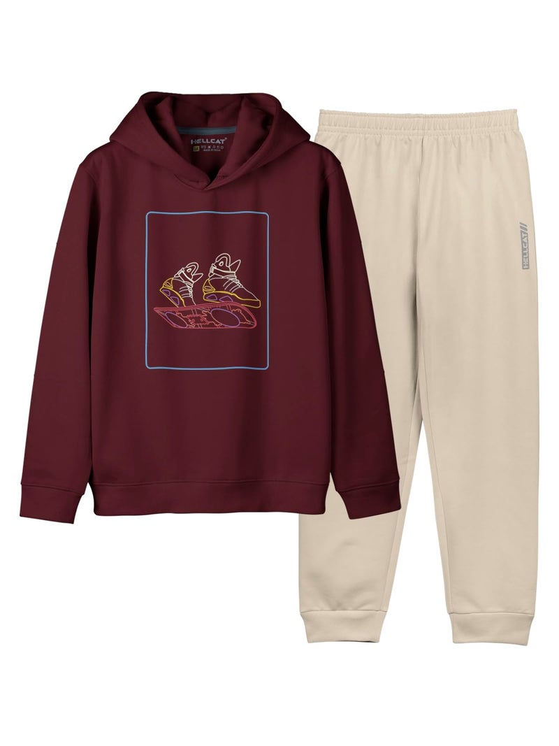 HELLCAT Printed Cotton Blend Hoodie T-Shirt and Jogger Trackpant Clothing Set for Boys_ Burgundy_7-8 Years - Image 1