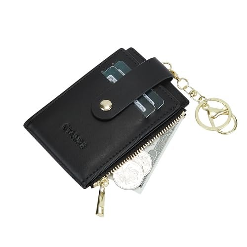 Cynure Women Leather RFID Blocking Card Holder Slim Small Zipper Keychain Front Pocket Wallet with 2 ID Window, 1-plain black - Image 5