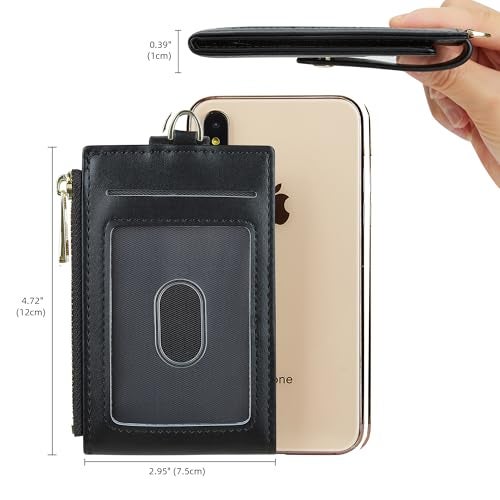 Cynure Women Leather RFID Blocking Card Holder Slim Small Zipper Keychain Front Pocket Wallet with 2 ID Window, 1-plain black - Image 4