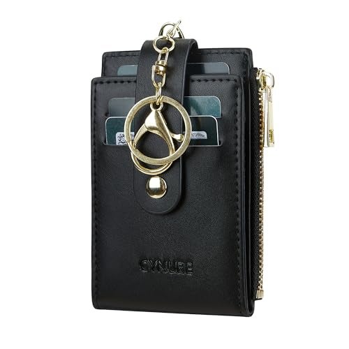 Cynure Women Leather RFID Blocking Card Holder Slim Small Zipper Keychain Front Pocket Wallet with 2 ID Window, 1-plain black - Image 1