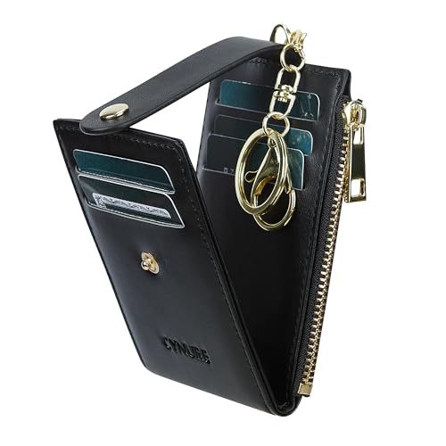 Cynure Women Leather RFID Blocking Card Holder Slim Small Zipper Keychain Front Pocket Wallet with 2 ID Window, 1-plain black - Image 2