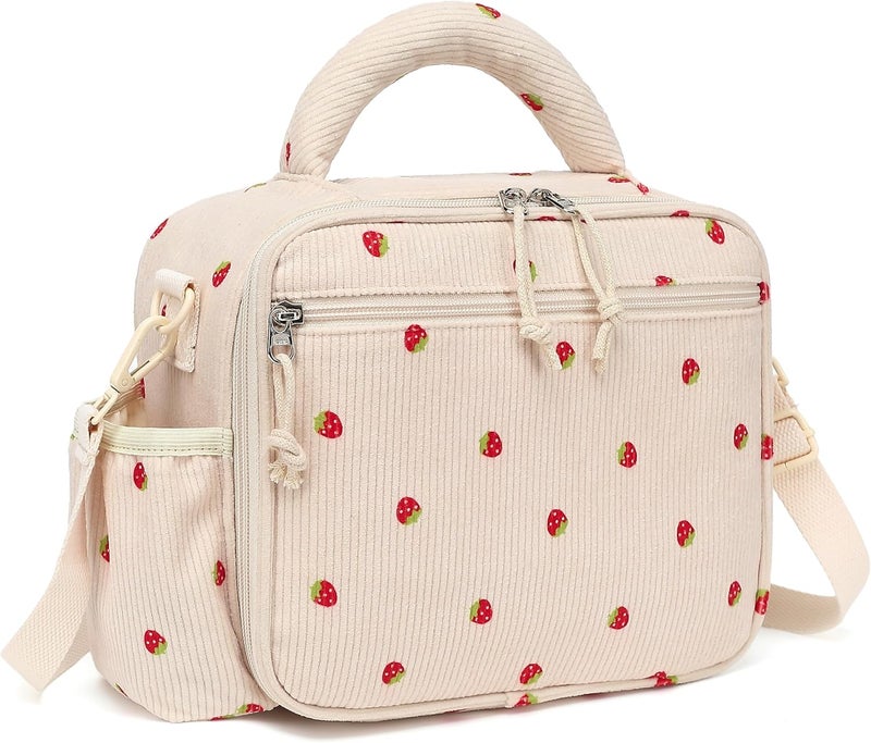 LOIDOU Lunch Box for Kids Girls Cute Corduroy Insulated Lunch Bag Thermal Meal Tote Reusable Lunch Pail Bags for School Travel (Corduroy Strawberry Beige) - Image 1