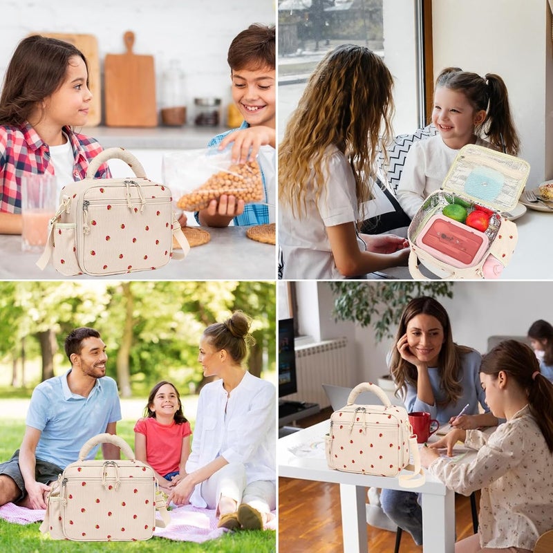 LOIDOU Lunch Box for Kids Girls Cute Corduroy Insulated Lunch Bag Thermal Meal Tote Reusable Lunch Pail Bags for School Travel (Corduroy Strawberry Beige) - Image 4
