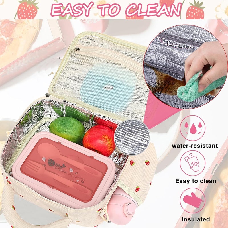 LOIDOU Lunch Box for Kids Girls Cute Corduroy Insulated Lunch Bag Thermal Meal Tote Reusable Lunch Pail Bags for School Travel (Corduroy Strawberry Beige) - Image 5