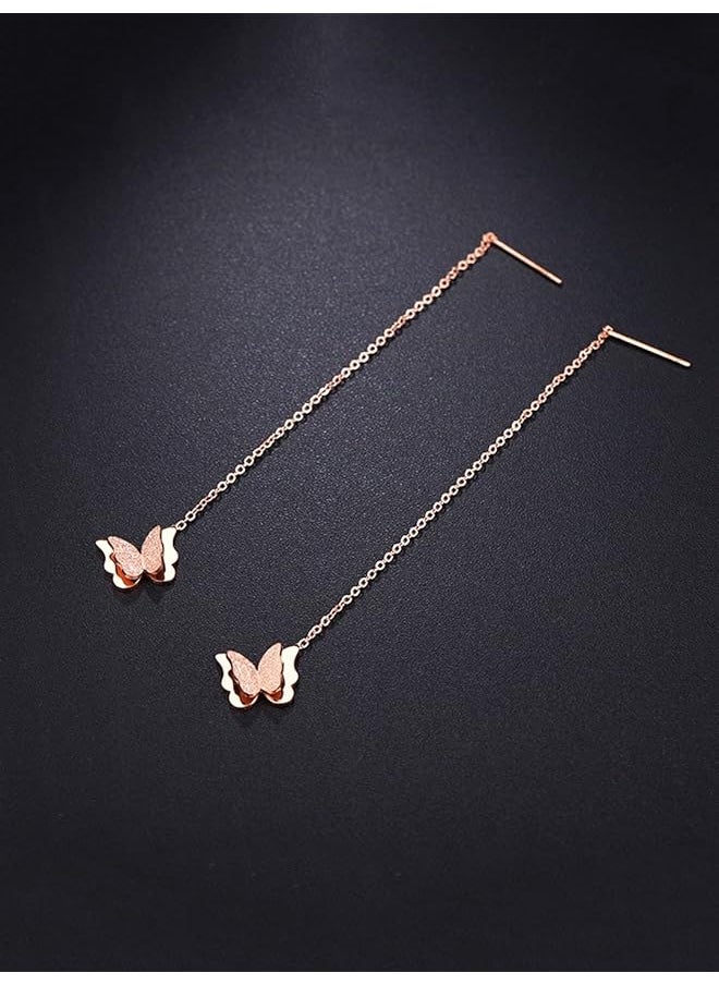 YELLOW CHIMES - Western Rose Gold Plated Stainless Steel Butterfly Shaped Threader Earrings For Women And Girls - Image 1
