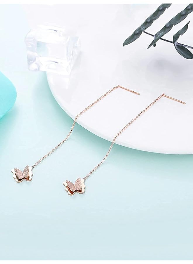 YELLOW CHIMES - Western Rose Gold Plated Stainless Steel Butterfly Shaped Threader Earrings For Women And Girls - Image 1