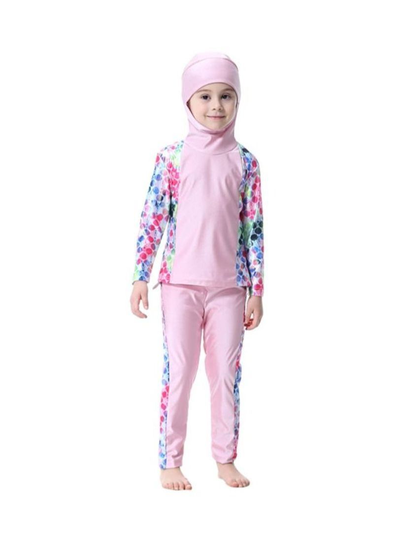 NIBEMINENT 2-Piece Long Sleeve Hooded Burkini Pink/White/Blue - Image 1